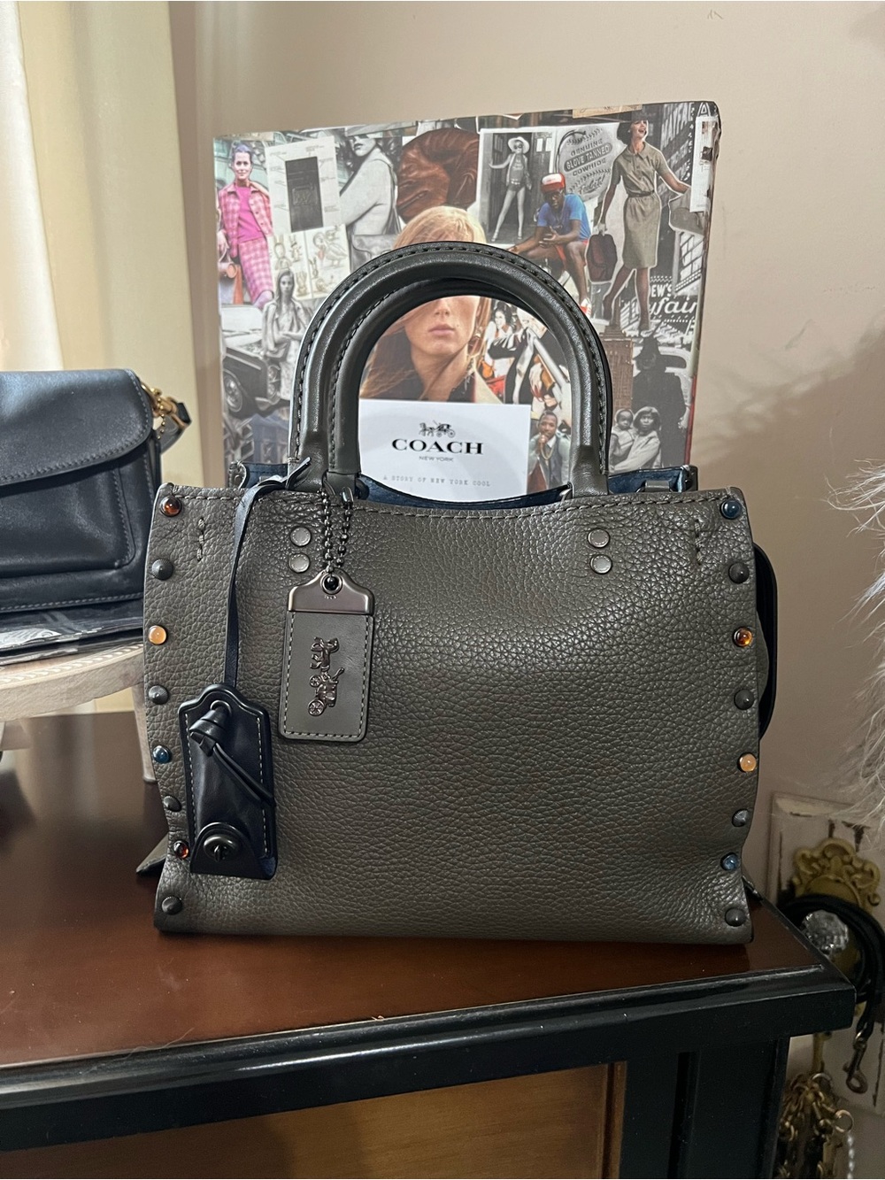 COACH rogue 25 Pebbled Leather Stud Satchel in Olive Green